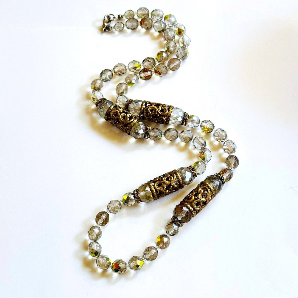 VTG Regal Runway Necklace Aurora Borealis Crystal beads Faceted gold tone Gilt